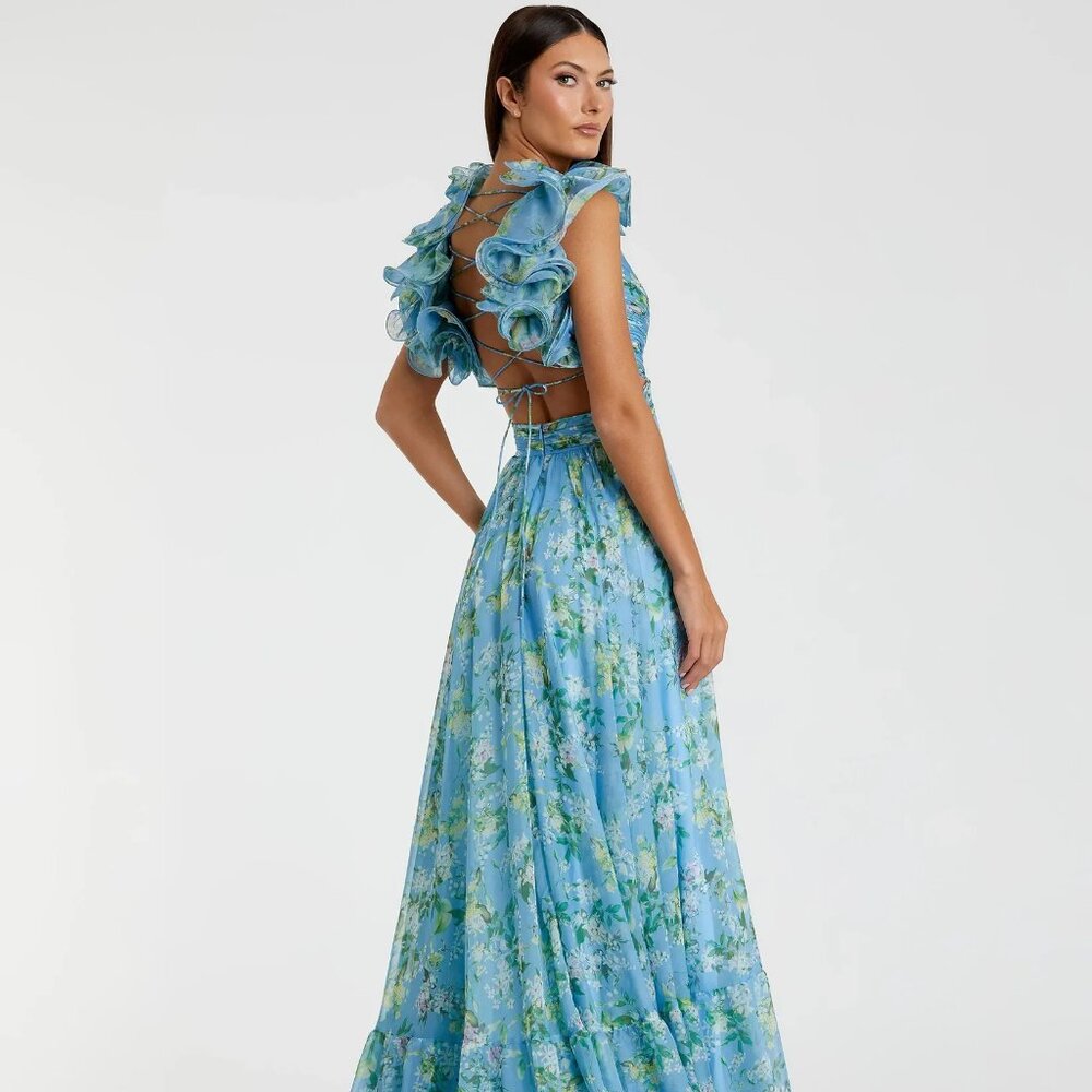 MAC DUGGAL x Anthropologie Blue Ruffle Tiered Floral Cut-Out Chiffon Gown NWT - Picture 2 of 11